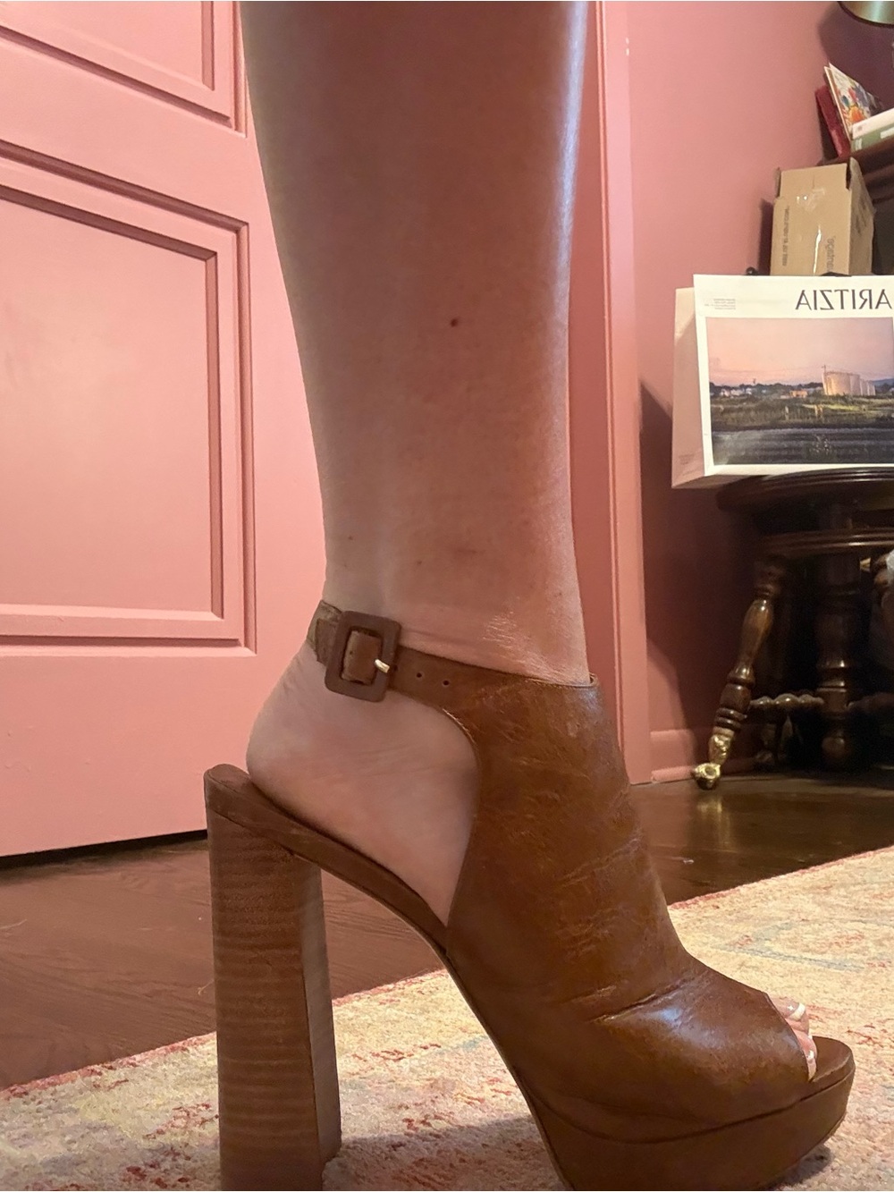 Steve Madden Tan Brown Leather Peep-Toe Slingback Platform Heels - Picture 5 of 5